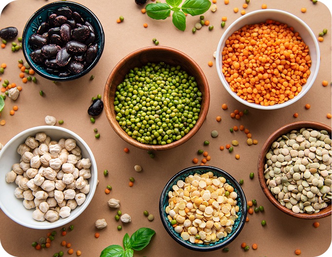 Bowls with different types of legumes
