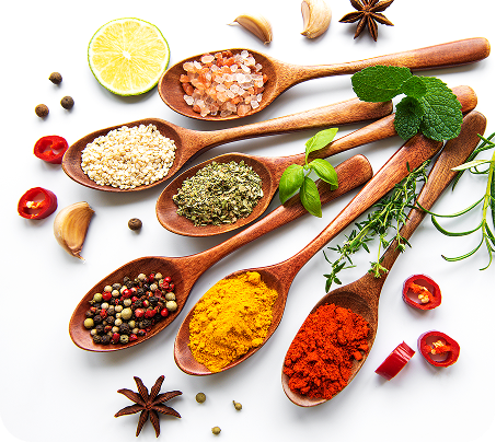 Spices in wooden spoons